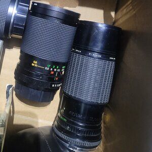 Antique Camera Lot Lenses, flash, 2 vintage cameras